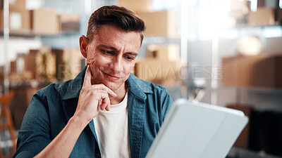 Buy stock photo Thinking, man and logistics manager with tablet in office with research, inventory or online order information. Happy, cargo service and supply chain worker with digital technology for delivery.