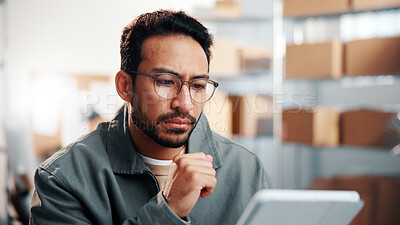 Buy stock photo Glasses, man and logistics worker with tablet in office with research, inventory or online order. Thinking, cargo service and supply chain manager with digital technology for delivery information.