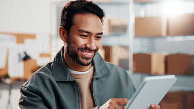 Buy stock photo Ecommerce, man and smile in warehouse with tablet, sales target or notification for shipping success. Happy, male person and tech in small business with good review, online order and logistics goals.