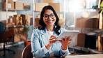 Tablet, woman and portrait of logistics worker in office with research, inventory or online order. Happy, asian person and supply chain manager with digital technology for delivery information. 