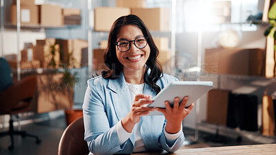 Buy stock photo Tablet, woman and portrait of logistics worker in office with research, inventory or online order. Happy, asian person and supply chain manager with digital technology for delivery information. 