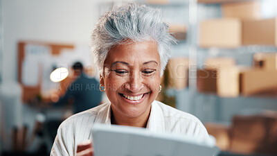 Buy stock photo Ecommerce, woman and smile in office with tablet, sales target or notification for shipping success. Happy, mature person and tech in small business with good review, online order or logistics goals.
