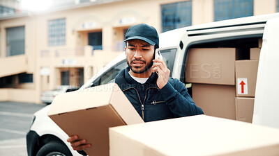 Buy stock photo Stress, delivery man or phone call with box outdoor for wrong address, customer delay or logistics. Van, worker or frustrated on mobile chat for shipment mistake, difficult building access or transit