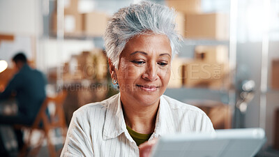 Buy stock photo Happy, woman or tablet in small business for logistics, monitor live shipping or online invoice. Smile, mature person and tech in storage for shipment status, route tracking or bill of lading review