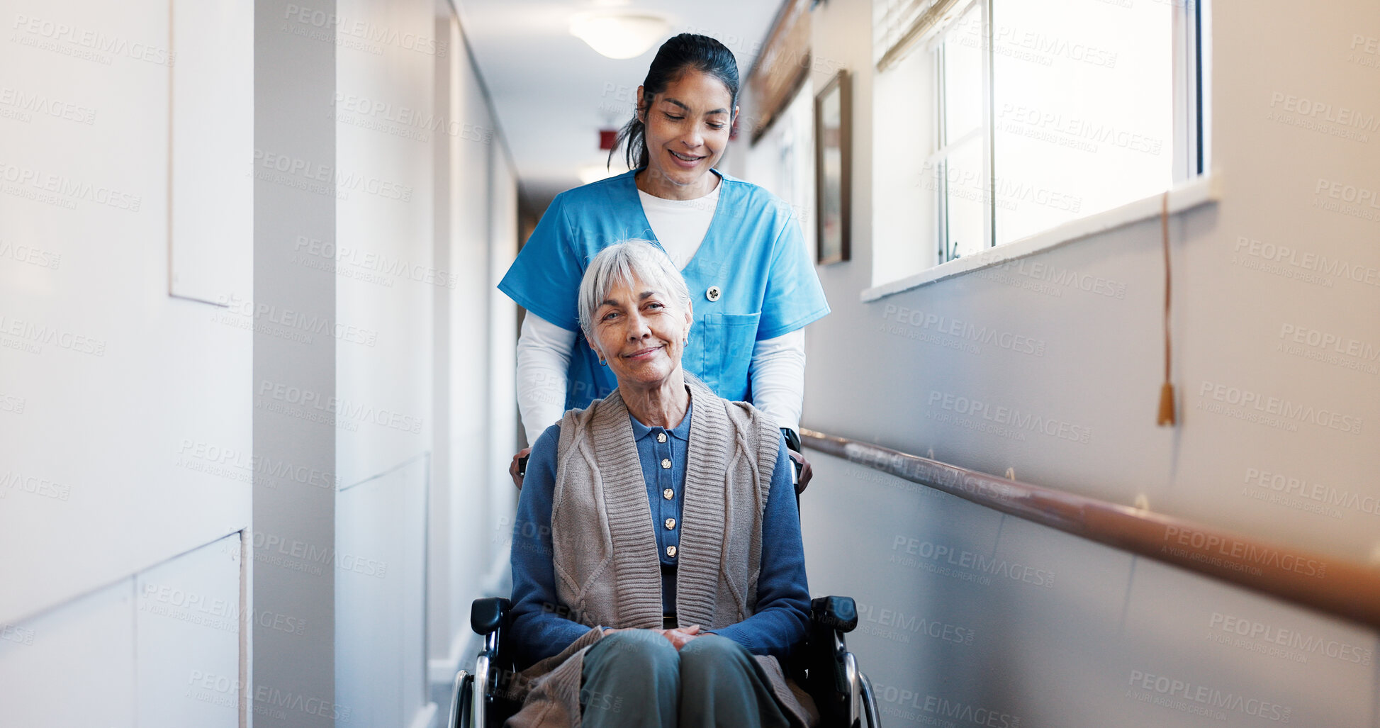 Buy stock photo Nurse, old woman and wheelchair with help, elderly care and wellness for health in nursing home. Pensioner, person with a disability and portrait in hallway with caregiver at rehabilitation clinic
