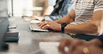 Computer, creative or hands typing in office for copywriting, newsletter campaign or article review. Coworking, copywriter and person with keyboard in workplace, story research or email marketing