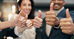 Happy people, motivation and team with thumbs up in office, promotion or celebration for achievement. Business, colleagues and smile with positive feedback, success and opinion with hand gesture