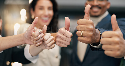 Buy stock photo Happy people, motivation and team with thumbs up in office, promotion or celebration for achievement. Business, colleagues and smile with positive feedback, success and opinion with hand gesture