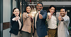 Portrait, promotion and team with thumbs up in office, happy people and celebration for achievement. Business, colleagues and smile with positive feedback, collaboration and opinion with hand gesture