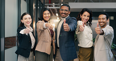 Buy stock photo Portrait, promotion and team with thumbs up in office, happy people and celebration for achievement. Business, colleagues and smile with positive feedback, collaboration and opinion with hand gesture