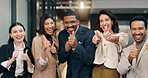 People, portrait and laughing with thumbs up in business, motivation or celebration for achievement. Office, colleagues and happy with positive feedback, collaboration and opinion with hand gesture