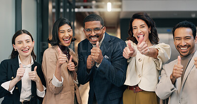 Buy stock photo People, portrait and laughing with thumbs up in business, motivation or celebration for achievement. Office, colleagues and happy with positive feedback, collaboration and opinion with hand gesture