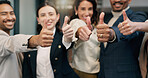 Happy people, portrait and team with thumbs up in office, motivation or celebration for achievement. Business, colleagues and smile with positive feedback, collaboration and opinion with hand gesture