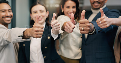 Buy stock photo Happy people, portrait and team with thumbs up in office, motivation or celebration for achievement. Business, colleagues and smile with positive feedback, collaboration and opinion with hand gesture
