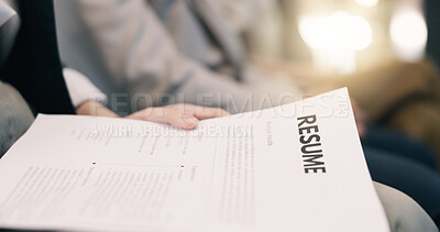 Buy stock photo Hands, business and person in waiting room with resume, document and application for interview. Flare, candidate or cv in office with paperwork, employee form and work history for recruitment process