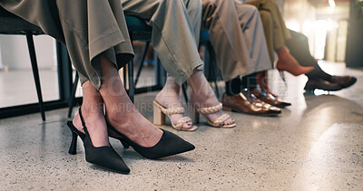 Buy stock photo Feet, row and people in waiting room for interview, application and patience for recruitment. Legs, shoes and candidates in office for hiring, human resources and selection process for job vacancy