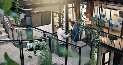Buy stock photo Smile, business and people in office with handshake, welcome and agreement for job opportunity. Happy, team or shaking hands on staircase for greeting, partnership and thank you for recruitment offer
