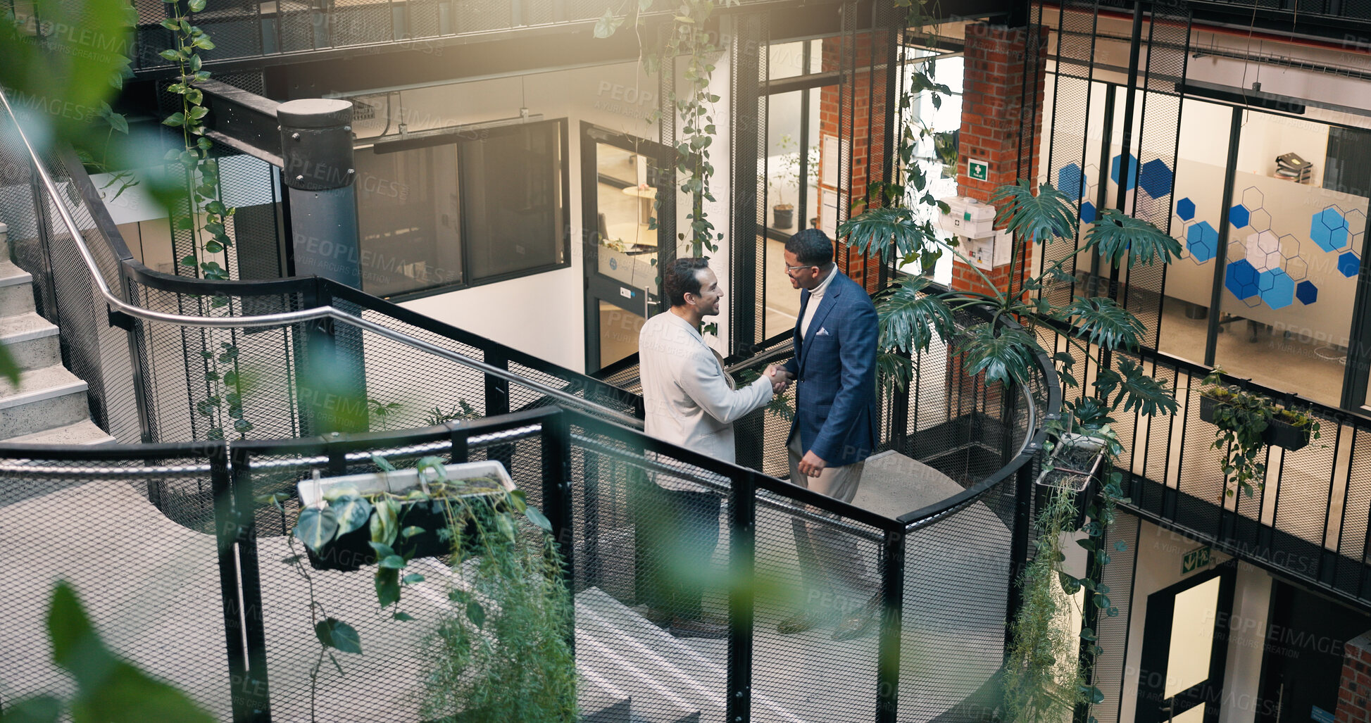 Buy stock photo Smile, business and people in office with handshake, welcome and agreement for job opportunity. Happy, team or shaking hands on staircase for greeting, partnership and thank you for recruitment offer