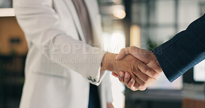 Buy stock photo Business people, shaking hands and deal in office for partnership, company merger or investment. Handshake, support or financial cooperation with trust, b2b acquisition or consolidation agreement