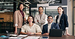 Smile, team and portrait of business people in office with confidence for finance career. Happy, professional and financial group with pride for about us, job opportunity or collaboration at agency.
