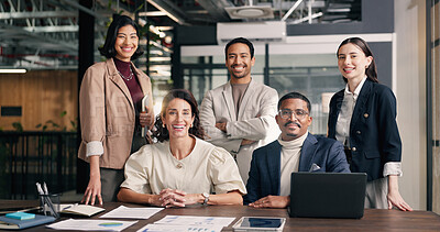 Buy stock photo Smile, team and portrait of business people in office with confidence for finance career growth. Happy, professional and financial group with pride for about us, job opportunity or collaboration.