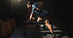 Man, exercise or dumbbell row in gym with fitness, wellness or bodybuilding workout for bicep muscle. Active, person and bodybuilder in health club with equipment, weightlifting or strength training.