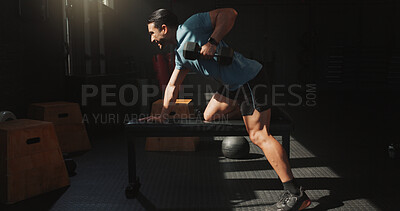 Buy stock photo Man, exercise or dumbbell row in gym with fitness, wellness or bodybuilding workout for bicep muscle. Active, person and bodybuilder in health club with equipment, weightlifting or strength training.