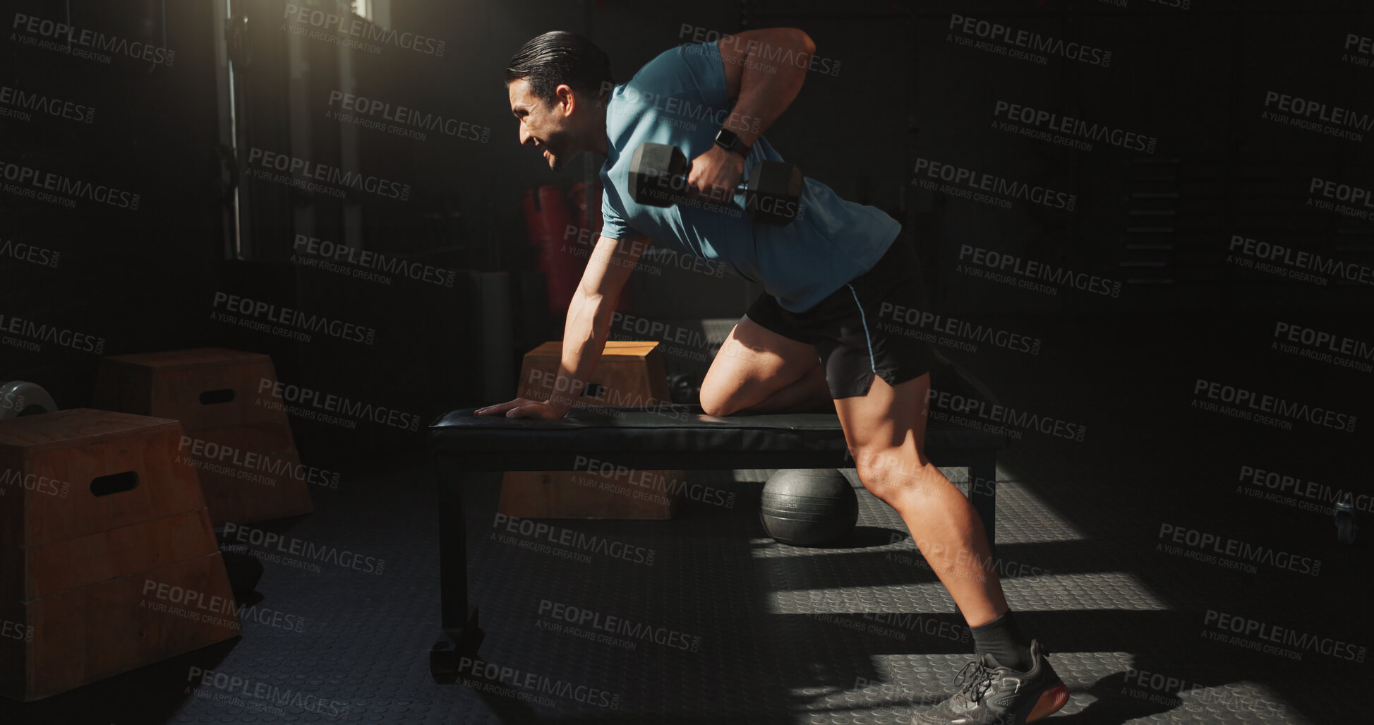 Buy stock photo Man, exercise or dumbbell row in gym with fitness, wellness or bodybuilding workout for bicep muscle. Active, person and bodybuilder in health club with equipment, weightlifting or strength training.