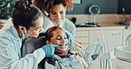 Mirror, girl and mom with smile for dentist, cleaning or gum disease in consultation for result. Happy, exam and kid with woman for teeth whitening, oral care or treatment plan for mouth procedure