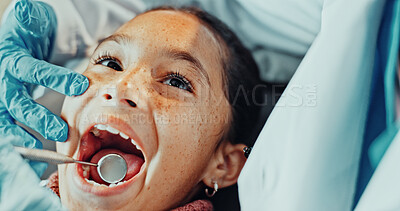 Buy stock photo Dental, tools or girl with dentist for mirror, exam or gum disease in consultation for help. Pediatrician, clinic and child with person for teeth whitening, oral care or treatment for mouth procedure