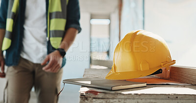 Buy stock photo Safety, helmet and construction book with hands of worker, protection compliance and development. Hard hat, table and ppe with person at site, engineering regulation notebook and danger prevention