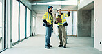 Engineer, inspection and men with clipboard in building, pointing or planning for renovation project. Civil engineering, people and quality assurance with checklist, teamwork and property development