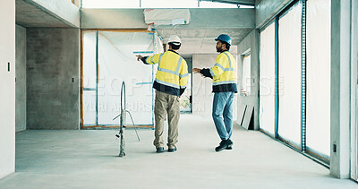 Buy stock photo Inspection, teamwork and men on construction site, discussion and planning for property development. Civil engineering, people and quality assurance for renovation project, talking and collaboration