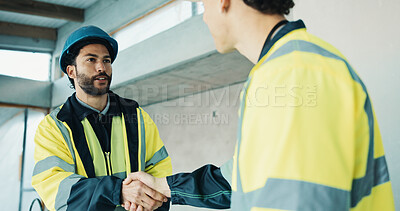 Buy stock photo Handshake, teamwork and construction workers at worksite for partnership, collaboration and agreement. Building development, civil engineering and happy men shaking hands for project management