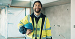 Portrait, man and electrician with helmet for construction, safety and utilities for architecture. Smile, person and technician with hard hat for ppe, electrical supervisor and building development