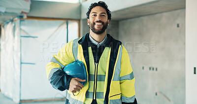 Buy stock photo Portrait, man and electrician with helmet for construction, safety and utilities for architecture. Smile, person and technician with hard hat for ppe, electrical supervisor and building development