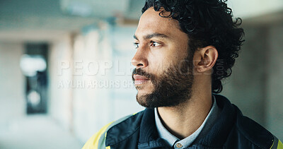 Buy stock photo Thinking, man and construction worker on site with inspection, memory or planning for building. Ideas, architecture and civil engineer with decision or choice on maintenance, repairs or renovation.