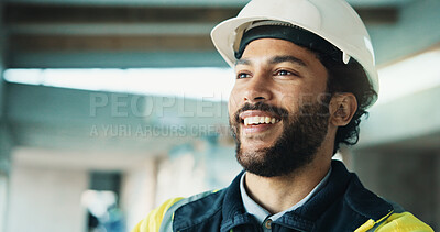 Buy stock photo Thinking, happy and construction worker on site with ideas, memory or planning for building. Man, architecture and civil engineer with decision or choice on maintenance, repairs or renovation.