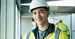 Smile, man and engineer with helmet for construction, safety and inspector for architecture. Portrait, male person or career pride with hardhat for ppe, electrical supervisor and building development