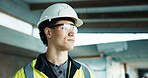 Thinking, goggles and construction worker on site with ideas, memory or planning for building. Man, architecture and civil engineer with decision or choice on maintenance, repairs or renovation.
