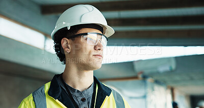 Buy stock photo Thinking, goggles and construction worker on site with ideas, memory or planning for building. Man, architecture and civil engineer with decision or choice on maintenance, repairs or renovation.