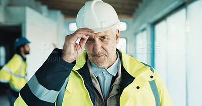 Buy stock photo Happy, man and engineer with helmet for construction, safety and inspector for architecture. Portrait, mature person and contractor with hardhat for ppe, expansion supervisor and building development