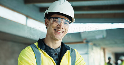 Buy stock photo Man, engineer and helmet at site for construction, safety and project inspector for architecture. Portrait, male person and smile with hard hat for ppe, expansion supervisor and building development