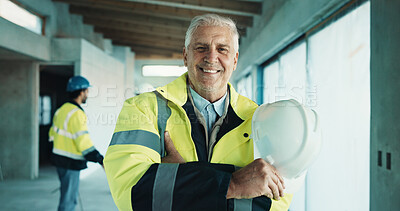 Buy stock photo Smile, man and engineer at site with helmet, safety and construction inspector for architecture. Portrait, mature person and happy with hard hat for ppe, expansion supervisor and building development