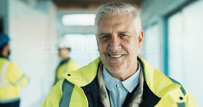 Buy stock photo Portrait, man and engineer at site for construction, safety and project inspector for architecture. Smile, mature person and builder at worksite for ppe, expansion supervisor and building development