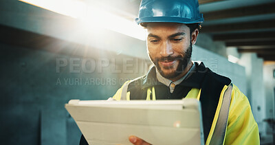 Buy stock photo Tablet, smile and construction worker on site with research update on maintenance, repairs or building. Digital technology, man and civil engineer with feedback on renovation or property development.