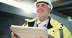 Tablet, thinking and construction worker on site with research update on maintenance or building. Digital technology, man and mature civil engineer with feedback on renovation or property development