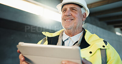 Buy stock photo Tablet, thinking and construction worker on site with research update on maintenance or building. Digital technology, man and mature civil engineer with feedback on renovation or property development