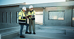 Team, engineer and clipboard for construction planning, inspection schedule and outdoor at site. Men, checklist and conversation for civil engineering, development progress or building safety report