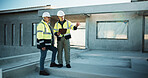 Team, engineer and clipboard for construction discussion, inspection schedule and outdoor at site. Men, checklist and planning for architecture project, development progress or building safety report